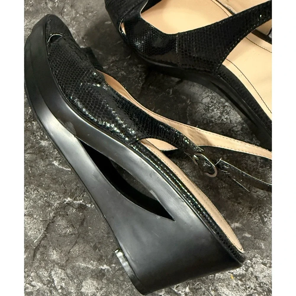 CALVIN KLEIN Rosaria Snake Print SlingBack‎ Cutout  Wedge Heel Sandal Black 8.5M